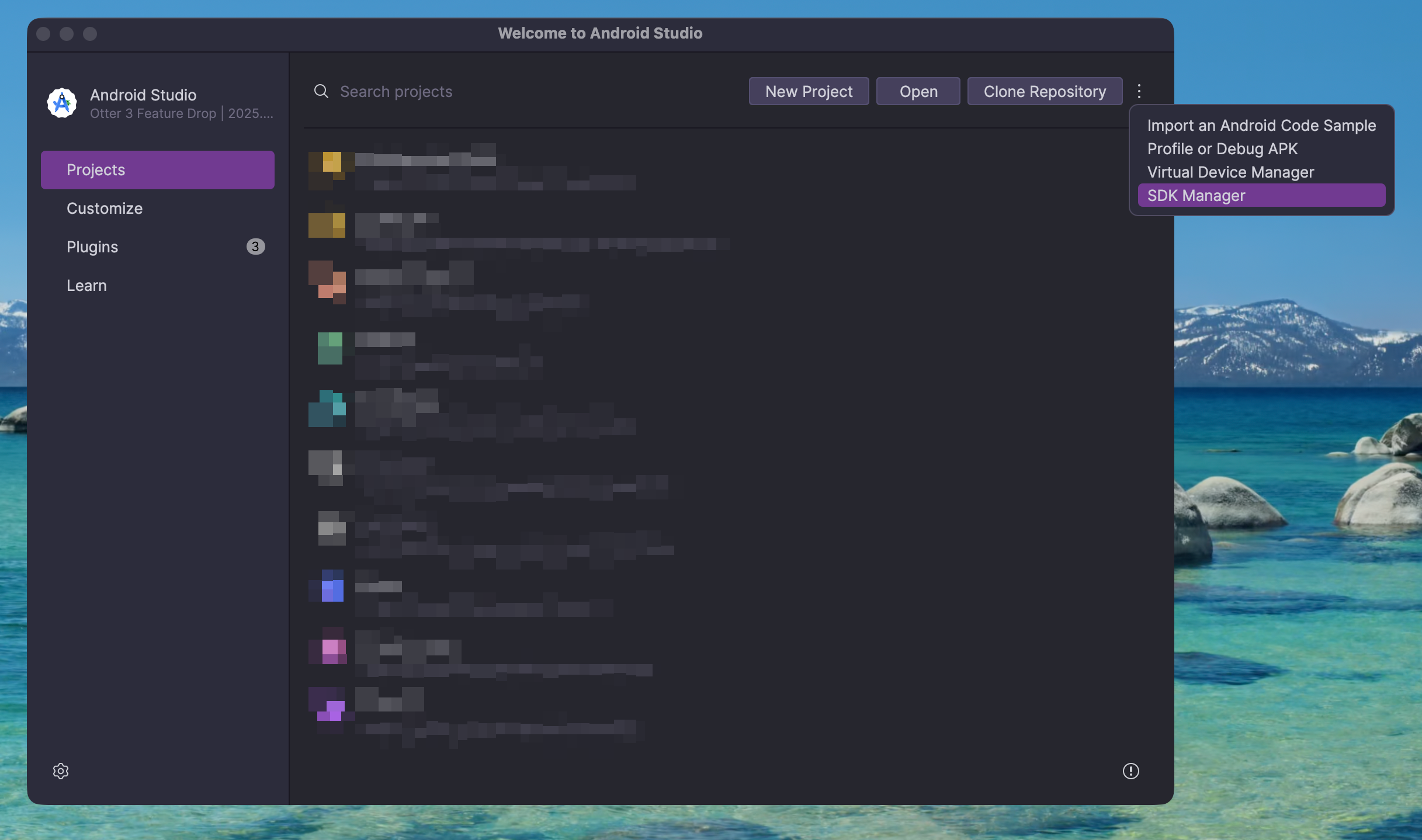 Android Studio welcome screen — open SDK Manager from the ⋮ menu